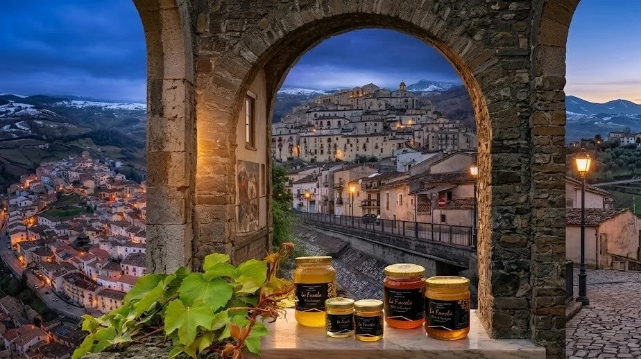 Il paese di Calvello di sera visto attraverso un arco di pietra, con i vasetti La Favola sul davanzale