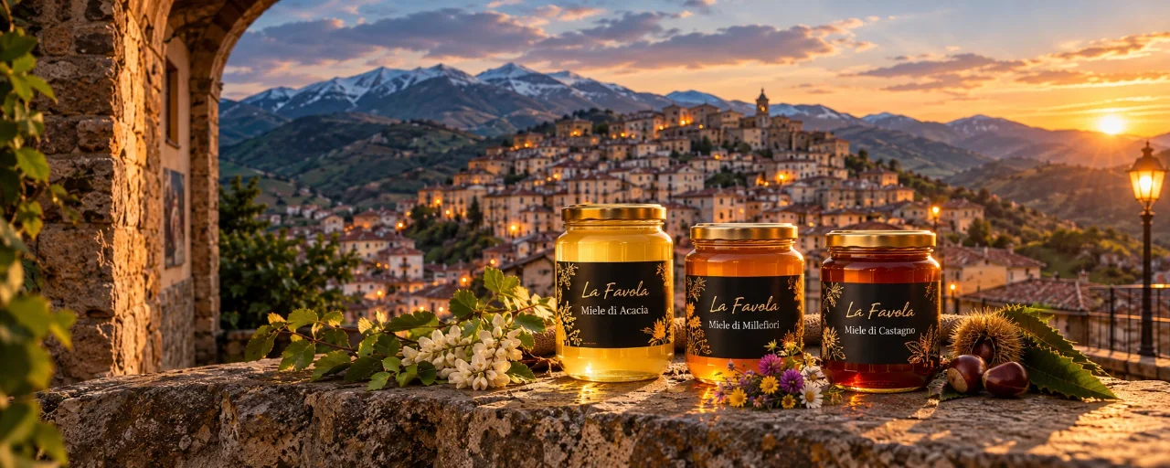 Tre vasetti di miele La Favola (acacia, millefiori e castagno) su un muretto di pietra al tramonto, con il paese di Calvello e il Monte Volturino innevato sullo sfondo